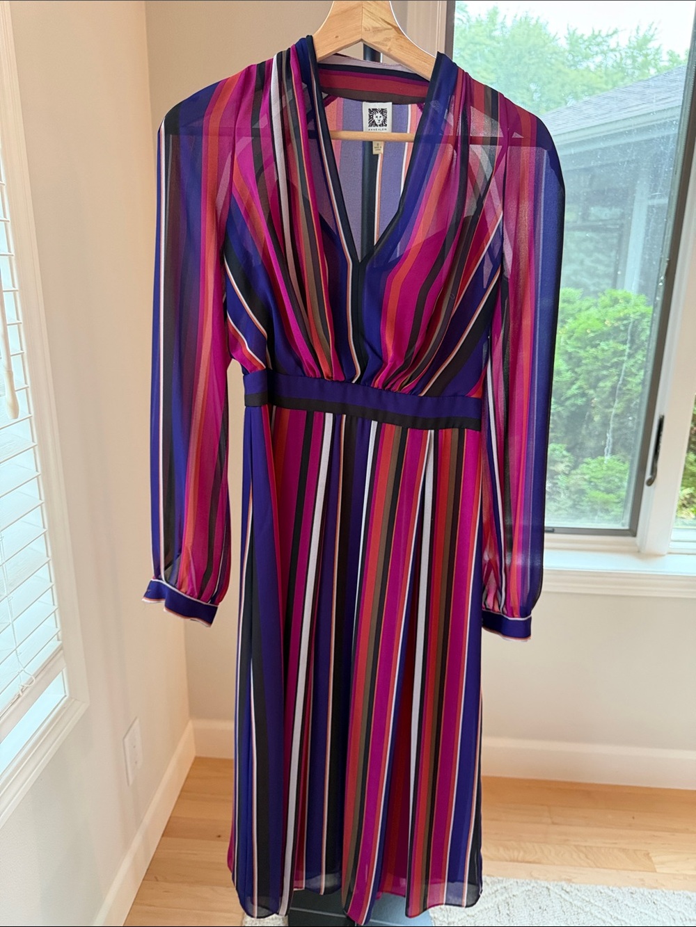 Anne Klein Multicolor Striped V-Neck Long Sleeve Dress